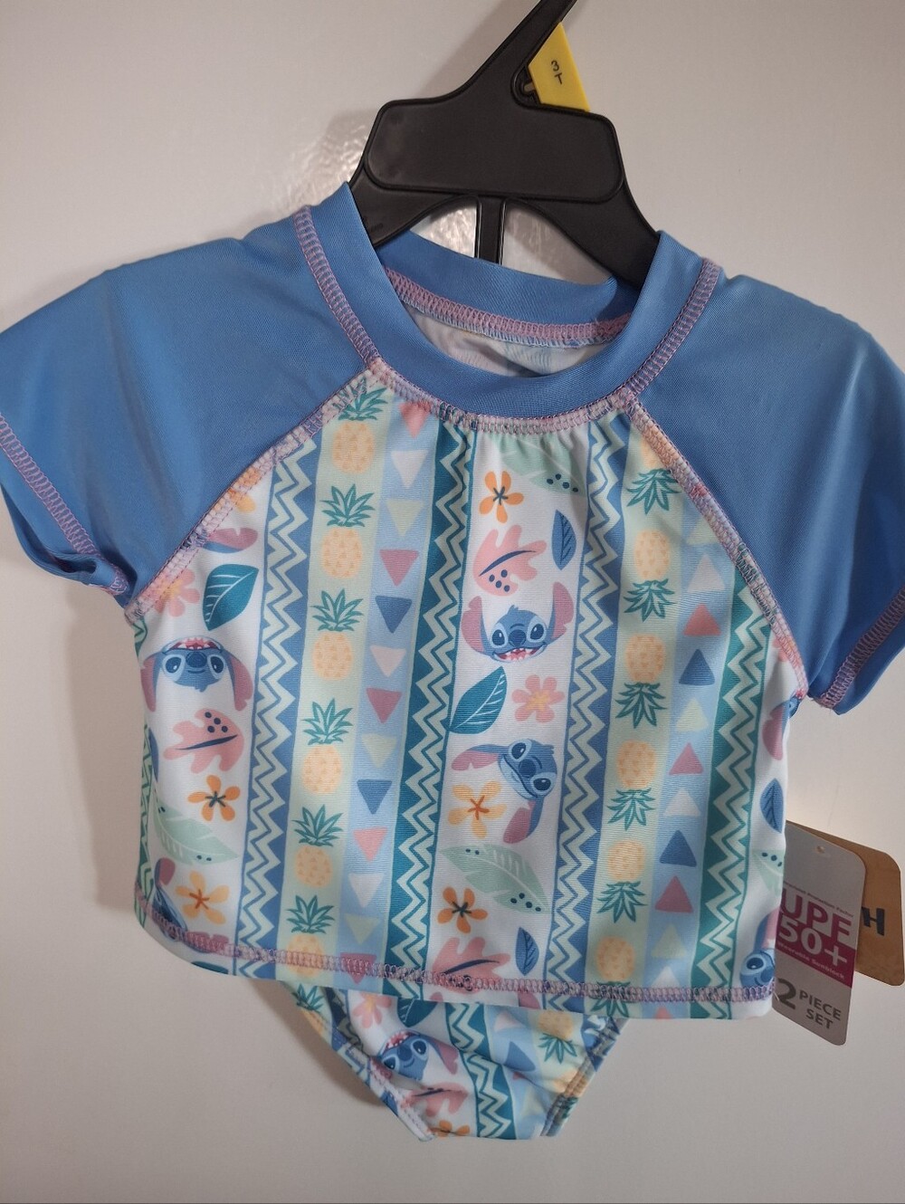 Kids Stitch Blue Short-Sleeve Rash Guard Swim Set with Tropical Print